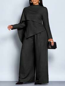 SOLERSUN Áo choàng và quần ống rộng thời trang nữ cỡ lớn mới thanh lịch, giản dị, màu trơn, khăn choàng, áo choàng và quần ống rộng, phù hợp mặc hàng ngày, mua sắm, mặc lễ Tạ ơn, viền áo không đều, vải dệt kaki nhạt, mặc trong lễ Halloween - màu đen - Xem 5