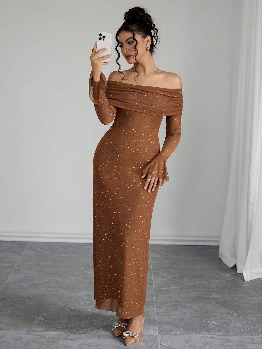 Rafferiza Women's Elegant Off-Shoulder Rhinestone Mesh Maxi Dress