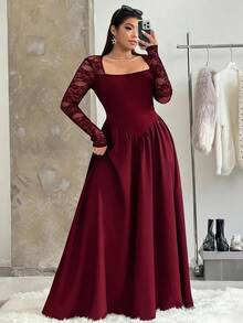 SHEIN EZwear 大码女式方领撞色蕾丝长袖优雅连衣裙 - 酒紅色 - 查看 6