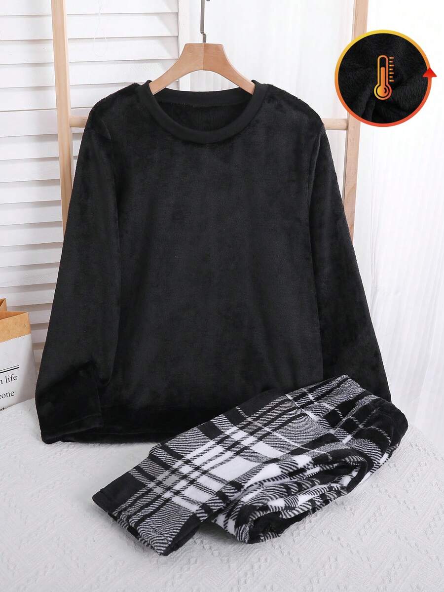 两件套青少年男童休闲格子印花长袖上衣和裤子家居服套装 - 黑色 - 查看 1