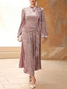 Modelyn Elegant Pink Velvet Ruched Tie-Up Long Dress For Women, Autumn/Winter