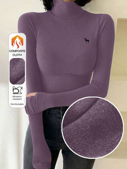 DAZY Women's Turtleneck Tight Fit Thermal Lining T-Shirt With Embroidery Pattern