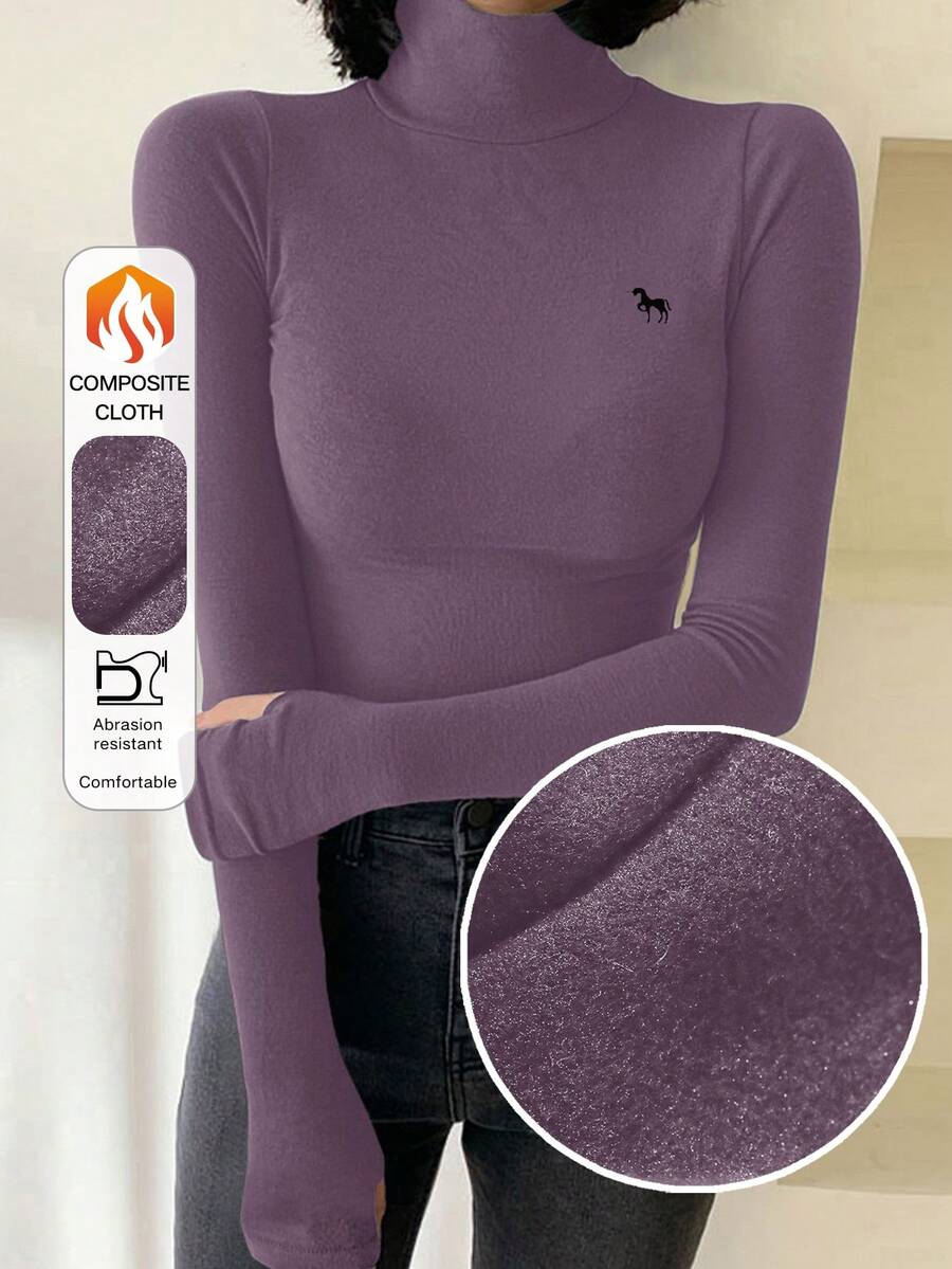 DAZY Women's Turtleneck Tight Fit Thermal Lining T-Shirt With Embroidery Pattern - Purple - View 1