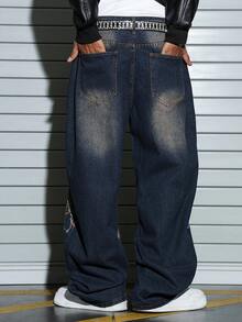 PAVTROS Quần jeans ống đứng phong cách Mỹ cổ điển, in họa tiết dây xích, rách rưới, dành cho nam giới. - Màu xanh lam - Xem 2