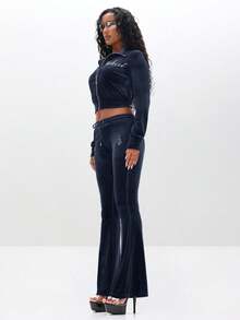 BABYPHAT Velour Funnel Neck Zip Up Sweatshirt With Rhinestone Text Embellishments Cropped Long Sleeve Tracksuit Top - Blue - View 4