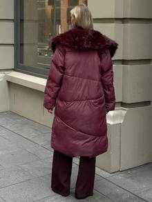 Aloruh Abrigo acolchado de longitud media con cuello de piel sintética para mujer, abrigo de invierno color vino tinto, abrigo burdeos, estilo "Old Money", elegante para ir al trabajo, casual de negocios, invierno, otoño - Burdeos - Ver 2