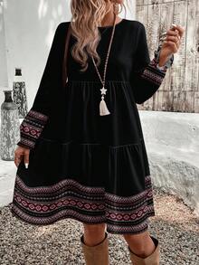 EMERY ROSE Casual Geometric Print Bohemian Style Loose Fit Round Neck Plus Size Dress, Suitable For ,Flower/Spring/Summer/Vacation - Multicolor - View 4