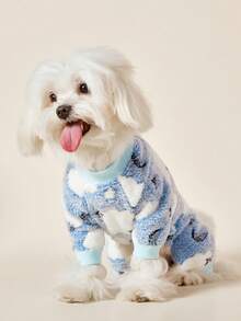 PETSIN 1pc White Star Printed Pet Jumpsuit, Blue And White Autumn And Winter Flannel Warm And Comfortable Pet Warm Clothes