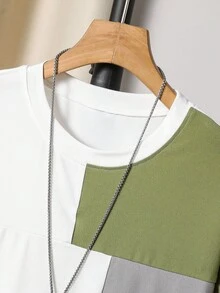 SHEIN Vacaura 2 件套青少年男孩休闲时尚蓝灰白拼布 T 恤和裤子套装，适合春夏季日常穿着 - 軍綠色 - 查看 5
