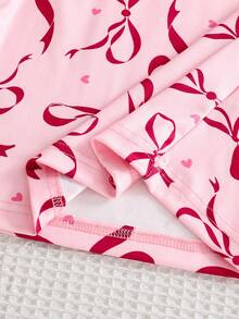 Pajama For Kids Girl 2-Piece Set - Pink Bow Close-Fitting Pajamas Sweet Bow Print Crew Neck Design Pink Sweet Girl Color Modal Elastic Fabric Long Sleeve Crew Neck Fitted Top Tight Pants Bow Combo Social Media Style Sweet Girl Spring Summer Autumn Winter Holiday Essential Tween Girl Close-Fitting Home Set Snug Fit Bowknot Print Pajama Set - Pink - View 5
