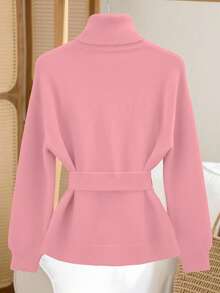 Franclia Women's Elegant High Neck Loose Cinched Waist Design Asymmetrical Hem Pullover Sweater, Winter Sweater For Women Pink Sweater Turtle Neck Women Pink Turtleneck Pink Clothes Women - Pink - View 2