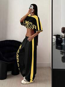 StreetHx 2pcs/Set Women's Printed Contrast Color Cropped Top + Sweatpants - Multicolor - View 4