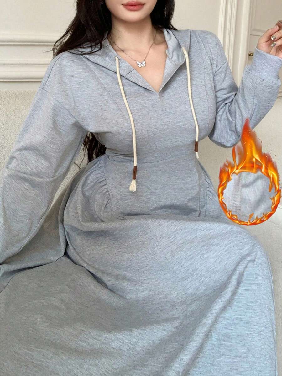 Modelyn 女士休闲连帽抽绳修身喇叭下摆灰色卫衣，秋冬款 - 灰色 - 查看 1