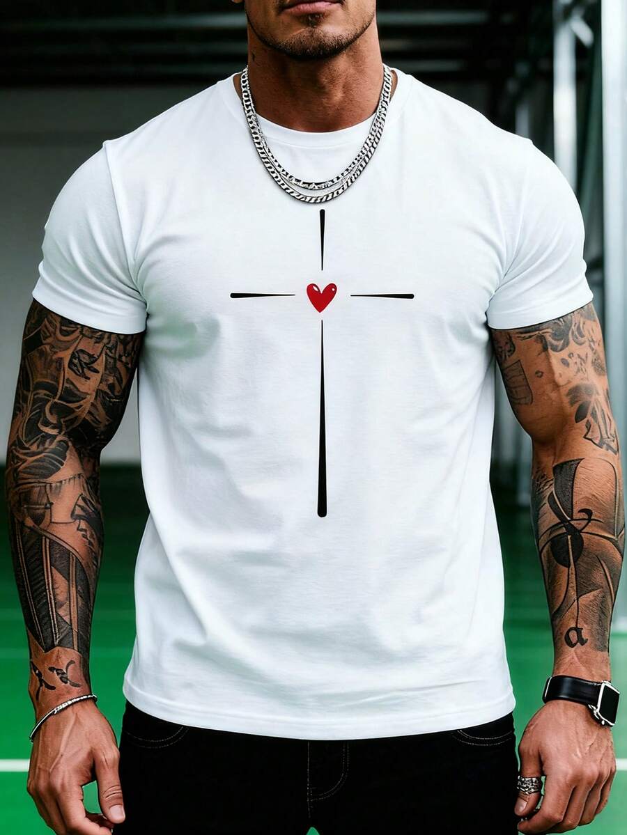 Manfinity Dauomo Men's Standard Crew Neck Short Sleeve Creative Heart & Cross Print Fitted T-Shirt - White - View 1
