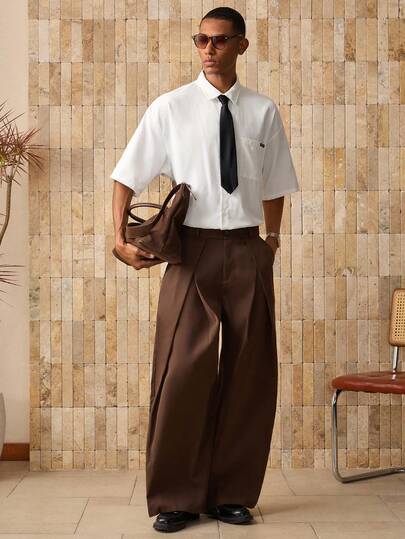 SWAVVY 男士編織休閒襯衫套領帶，寬鬆短袖扣上領口純白工作襯衫，適合當男友的禮物