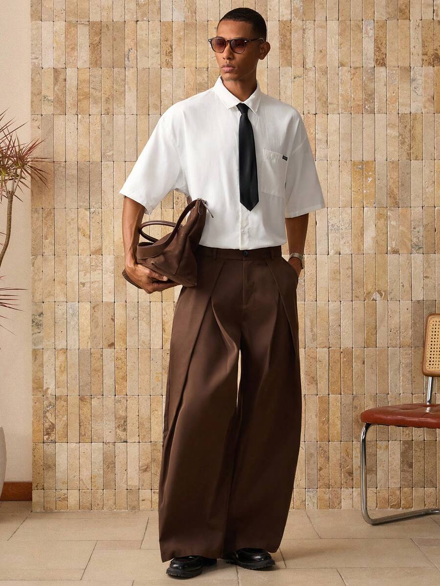 AKNOTIC Áo Sơ Mi Nam Dệt Kim Có Cà Vạt, Baggy Tay Ngắn Phối Nút Cổ Áo Sơ Mi Công Sở Màu Trắng Trơn Cho Bạn Trai Quà Tặng - trắng - Xem 1