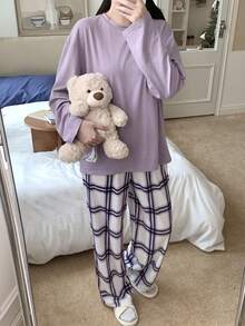 少女紫色圆领长袖针织T恤和格子宽松休闲裤睡衣套装 - 淡紫色 - 查看 3