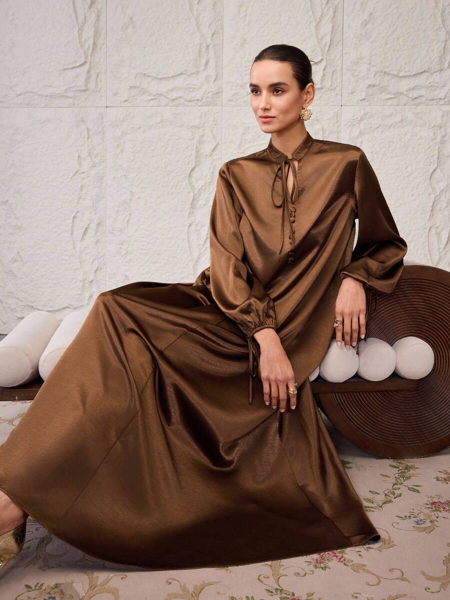 Al Najma 女士优雅纯色阿拉伯风格连衣裙,派对礼服 - 卡其色 - 查看 1