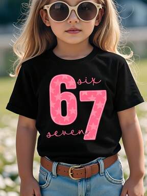 Summer & Fall Girls' Casual Fashionable Creative Personalized Refreshing Minimalist Chic Numeric 67 Pink Star Graphic Letter Slogan Print Comfortable Basic Short T-Shirt, Cozy Summer And Fall Styles Suitable For Girls
