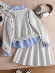 2pcs Tween Girl Casual Letter Graphic Long Sleeve T-Shirt And Solid Color Skirt Set, Fashion For Spring/Autumn - Light Grey - View 2