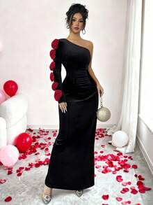 SHEIN Raffinéa Women's Elegant Holiday Dinner Asymmetric 3D Floral One Shoulder Sleeve Velvet Long Dress Gown, Black And Red Autumn Dresses - Multicolor - View 6