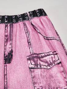 SHEIN ChillGRL Set de 2 piezas con camiseta de cuello redondo con estampado de estrellas y pantalones vaqueros anchos de pierna ancha estampados, outfit casual de verano para chicas adolescentes - Rosa Pálido - Ver 7