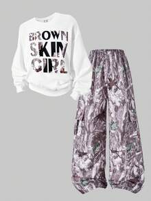 SHEIN ChillGRL 2 件套 Streecool Tween Girl 女童休闲厚针织套头连帽 T 恤，带字母印花和叶子印花直筒裤套装，适合春秋季日常休闲、运动、度假 - 彩色 - 查看 5