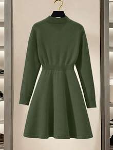 SHEIN Franclia 新款秋季V领收腰针织A字连衣裙，优雅迷人 - 軍綠色 - 查看 2