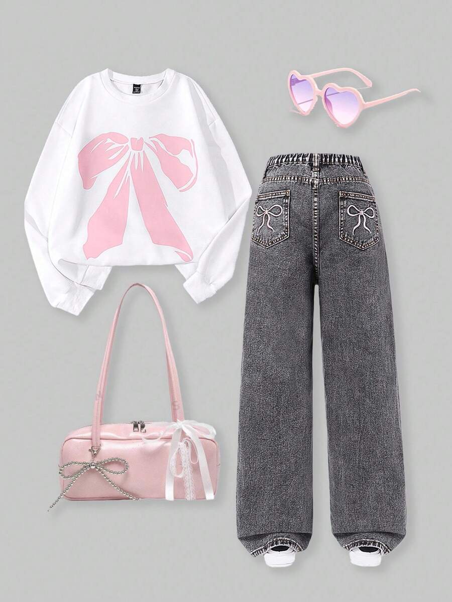 SHEIN ChillGRL 2 件套少女蝴蝶结印花连帽衫和刺绣直筒裤套装 - 淺灰色 - 查看 1