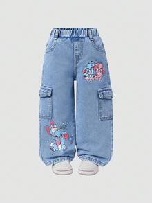 SHEIN ChillGRL 少女连体牛仔裤，带口袋和兔子印花，休闲直筒工装裤，时尚街头潮流，适合校园和日常穿着。蓝色和紫色可爱兔子印花，多口袋设计，宽松版型，水洗浅蓝色牛仔布。松紧腰带穿着舒适，适合日常出游、度假、校园生活、与朋友聚会。 - 藍色 - 查看 7