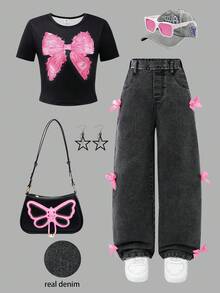 SHEIN ChillGRL 2 件套女童休闲蝴蝶结 T 恤和牛仔裤套装，日常通勤穿着 - 黑色 - 查看 8
