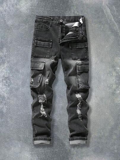 Coolqubz 复古街头风做旧破洞多口袋弹力修身牛仔工装裤，适合青少年男孩秋冬季穿着，男女皆宜