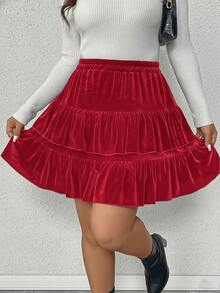 Elenzga 加大码双层荷叶边天鹅绒休闲迷你裙 - 紅色 - 查看 7