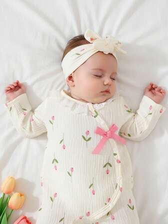 SHEIN Baby Girls ' Apricot Ground Floral Print Casual Jumpsuit Long Sleeve, Comfortable Home Outfit Premium Baby Clothes Clothes New Born Baby Clothes Girl Baby Girl Clothes Spring Holiday Travel Releax Summer Clothes