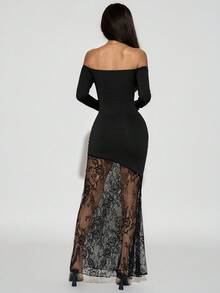 SHEIN PETITE Women's Elegant Romantic Date Sexy Party Black Off Shoulder Long Sleeve Lace Waist Tight Asymmetrical Hem Lace Patchwork Maxi Dress, Autumn - Black - View 3