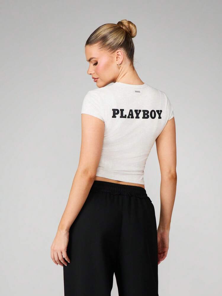 Missguided x Playboy Graphic Print Short Sleeve Crew Neck Baby Tee Cotton Blend Fitted Crop Top With Photo Print Design