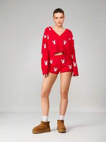 Missguided x Playboy Christmas Bunny Print Cropped Cardigan And High Waisted Booty Shorts Knit Lounge Set Casual Winter Sweater Coord Two Piece - Red - View 3