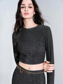 Lumivelle Women's Fashionable Two-Piece Set: Black, Gold, And Silver Top + Skirt; Dark Gray Elegant Suit For Commute, Vacation, Casual, Holiday, Christmas, New Year, And Winter. - Silver - View 7