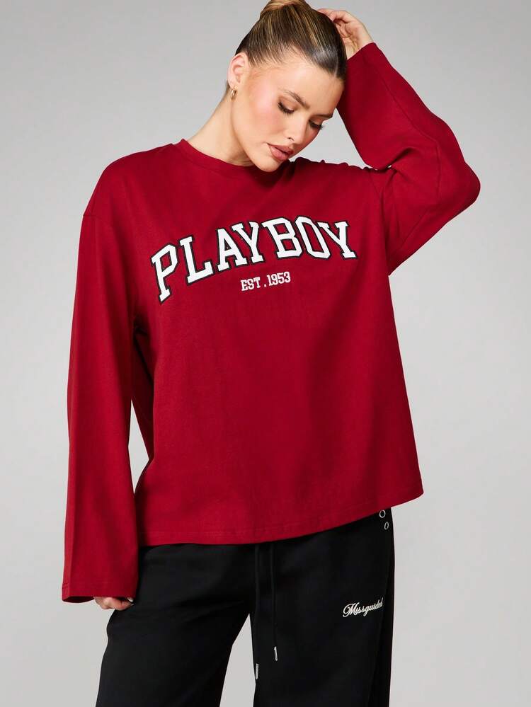 Missguided x Playboy Camiseta gráfica de manga larga oversize con estampado, estilo universitario de cuello redondo, prenda casual de moda callejera, pieza de declaración de moda de otoño e invierno