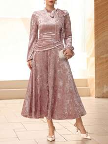 Modelyn Elegant Pink Velvet Ruched Tie-Up Long Dress For Women, Autumn/Winter