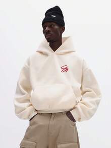 SUMWON 男士宽松版型套头连帽衫，印有社交媒体文字图案，长袖抽绳冬季街头风卫衣，休闲百搭 - 黃色 - 查看 4