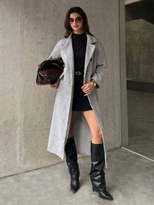 Firerie Women's Elegant Minimalist Commuter Urban Chic New Arrival Casual Stand Collar Button Herringbone Wool Blend Long Coat, Autumn/Winter - Grey - View 6