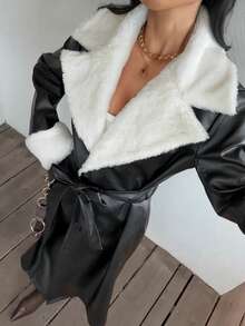 SHEIN Unity Long Plush & PU Leather Patchwork Belted Long Sleeve Trench Coat, Autumn/Winter - Multicolor - View 4