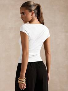 SHEIN BAE Áo thun nữ cổ tròn xếp ly kim loại màu trơn thời trang không đối xứng - trắng - Xem 2