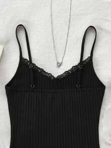 Tween Girl Solid Color Contrast Lace Ribbed Ballet Style Camisole - Black - View 3