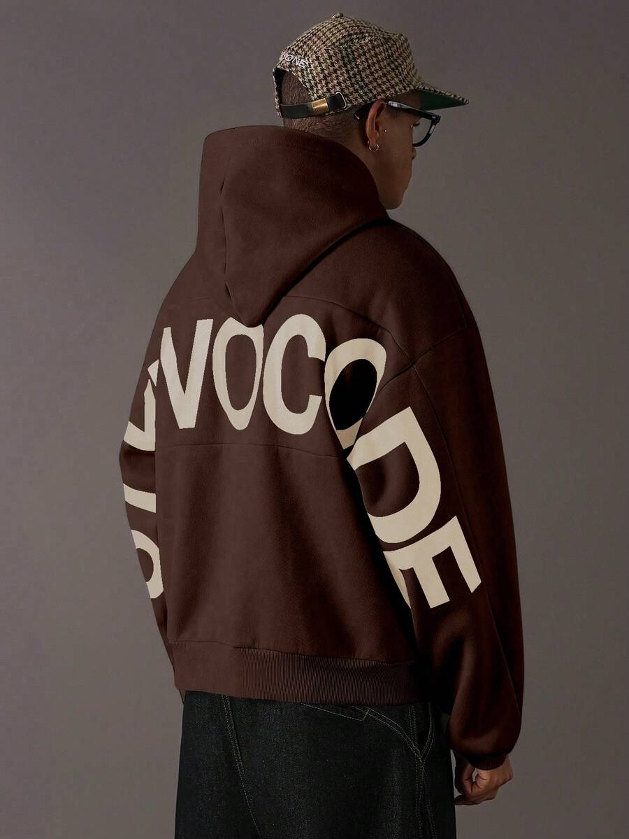 STYNVO 男士保暖内衬休闲字母图案宽松落肩连帽卫衣，秋季棕色连帽衫，棕色卫衣，棕色印花连帽衫，街头风棕色印花连帽衫 - 棕色 - 查看 1