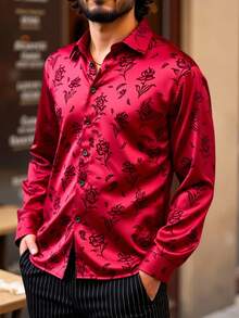Manfinity NXTstreet Men's Floral Jacquard Single-Breasted Casual Long Sleeve Shirt, Christmas Rose Print Luxury Burgundy Dress Shirt, New Year Glamour - Red - View 5