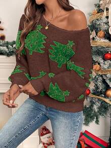 EMERY ROSE Women's Christmas Tree Oblique Collar Loose Casual Pullover Sweater Fall Sweater Brown Christmas Sweater Cute Sweater Christmas Sweaters For Women Sweater Tops Brown Sweater - Coffee Brown - View 6