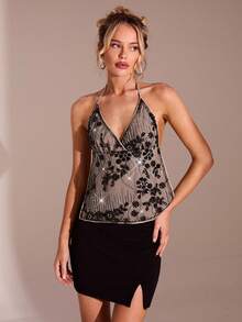 Glamine 亮片珍珠镶嵌，特殊材质上衣，后背系带上衣，内里棕色，外层黑色，性感细肩带，兼具舒适与时尚。 - 彩色 - 查看 5
