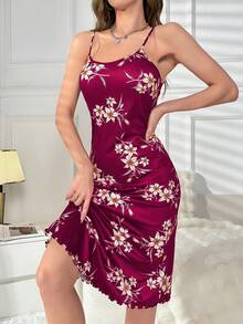 SHEIN 优雅花卉印花吊带睡裙，夏季 - 紫色 - 查看 3